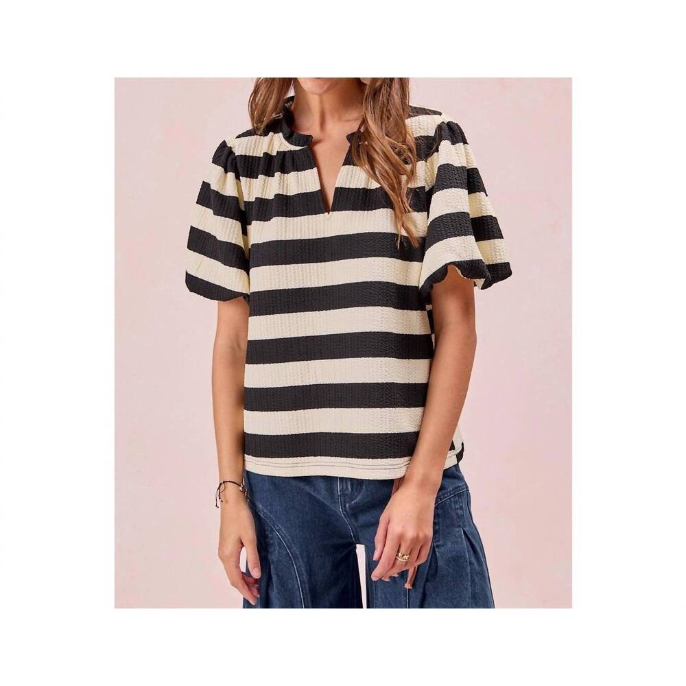 NEW BIBI stripe balloon sleeve ruffled v-neck top in black/white